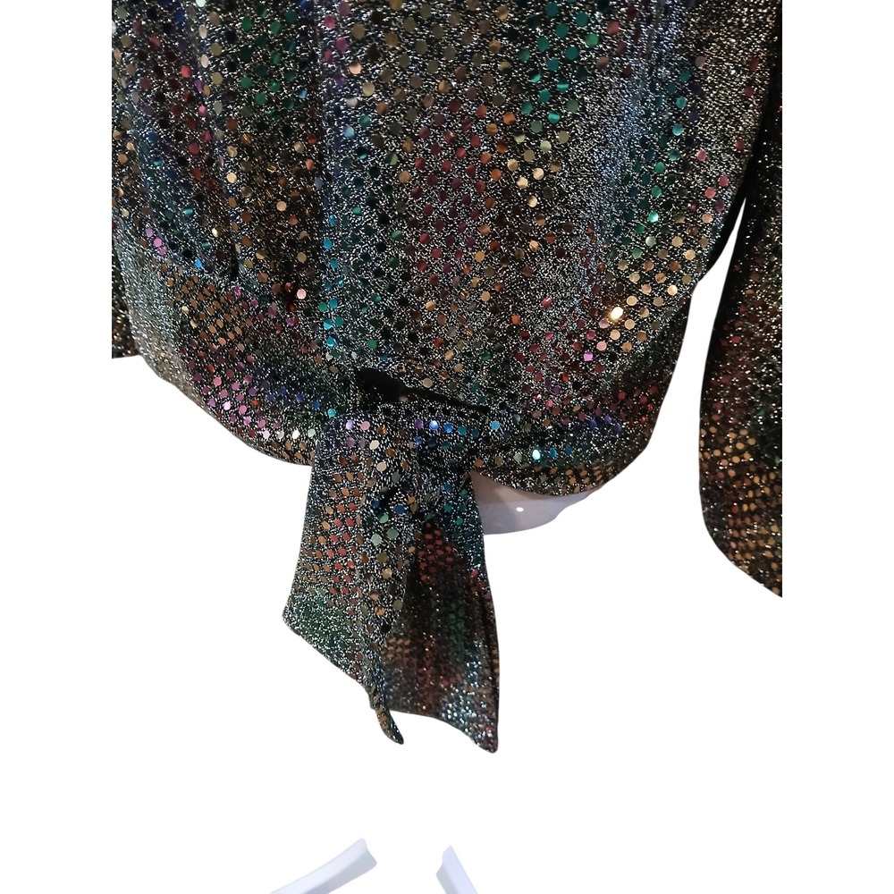 Vtg Another Thyme Medium Metallic Sequin Blouse Gold Multicolor Side Tie - READ - Picture 3 of 11